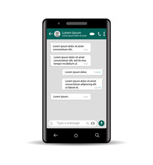Mobile screen with chat message.Bubble chat interface in smartphone.Mobile template on isolated background.Icon phone. vector illustration