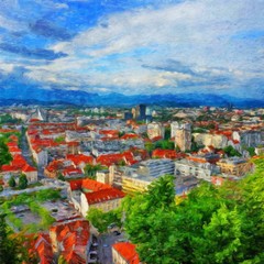 Wall Mural - Digital oil painting on canvas old european architecture view. Historical touristic place and buildings. Modern impressionism art. Artistic bush strokes artwork of europe travel. Postcard design print