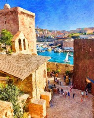 Wall Mural - Digital oil painting on canvas old european architecture view. Historical touristic place and buildings. Modern impressionism art. Artistic bush strokes artwork of europe travel. Postcard design print