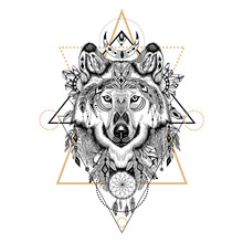 Hand Drawn Detailed Wolf In Aztec Style
