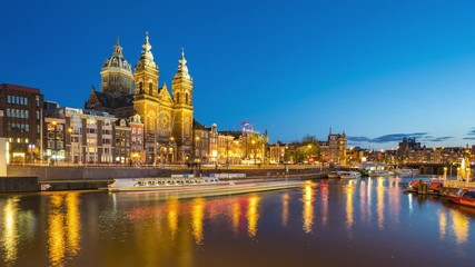 Wall Mural - Amsterdam Saint Nicholas Church with city skyline time lapse in Amsterdam city, Netherlands.