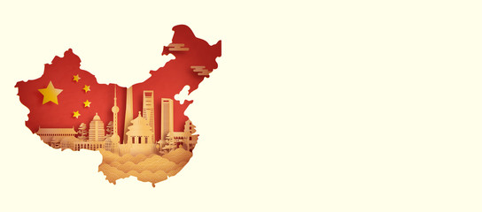 Fototapete - China flag with world famous landmarks Shanghai in paper cut style vector illustration