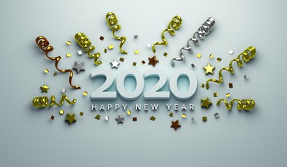 Wall Mural - happy new year 2020 of gold confetti stars text and 2020 number for holiday greeting card . 3d rende