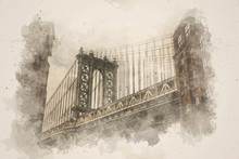 Digital Watercolor Dumbo View Point Which Can See Manhattan Bridge With Old Brick Building In New York City, USA Downtown Skyline, Architecture And Building With Tourist,  Illustration And Art Concept