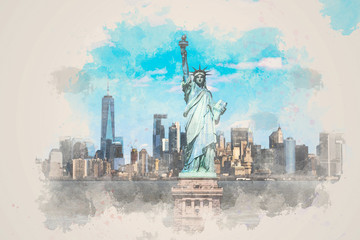Fototapete - Digital Watercolor The Statue of Liberty over the Scene of New York cityscape river side which location is lower manhattan,Architecture and building with tourist, illustration and art concept