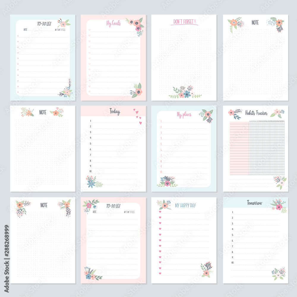 Set of planners and to-do lists with flowers for kids - obrazy, fototapety, plakaty 