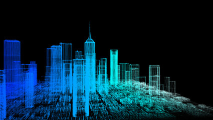 Wall Mural - 3D skyscraper building simulation HUD digital Screen display smart financial business city analyze dashboard background. Smart technology IOT of sci-fi future startup city. 