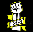 Fist male hand, resist symbol. Yellow fist emblem illustration on black background. Resist sign. Vector illustration.