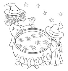 Poster - witch cooking a magic potion in the cauldron