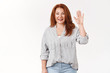 Midlle-aged redhead woman comming meeting saying hello everyone getting know team raise hand waving friendly hi gesture smiling toothy welcoming daughter friends standing upbeat white background