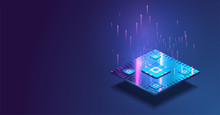 Futuristic Microchip Processor With Lights On The Blue Background. Quantum Computer, Large Data Processing, Database Concept. CPU Isometric Banner. Central Computer Processors CPU Concept.Digital Chip