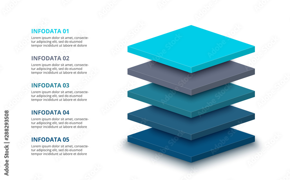3d plates with 5 segments or layers. Modern infographic design template. Vector illustration for presentation. Concept of five stages of hierarchy - obrazy, fototapety, plakaty 