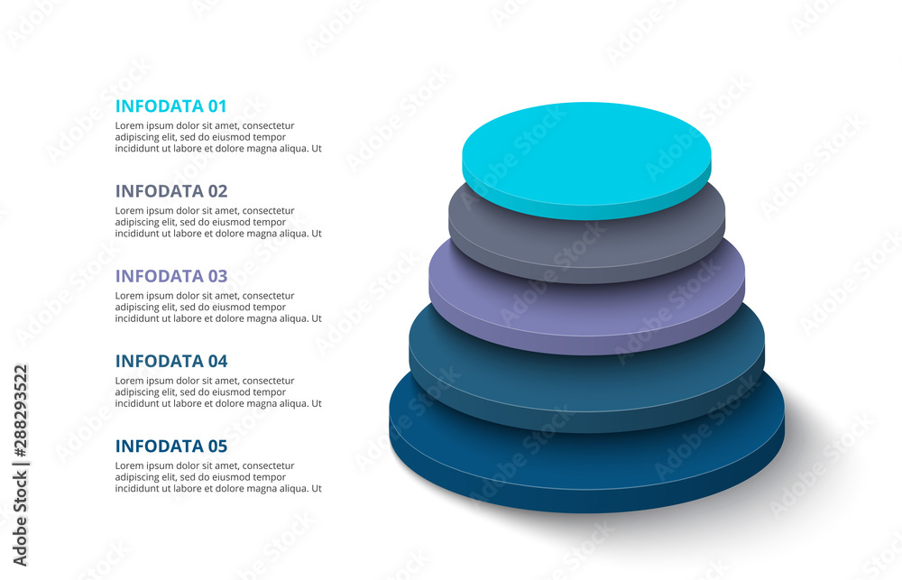 3d circles with 5 segments or layers. Modern infographic design template. Vector illustration for presentation. Concept of five stages of hierarchy. - obrazy, fototapety, plakaty 
