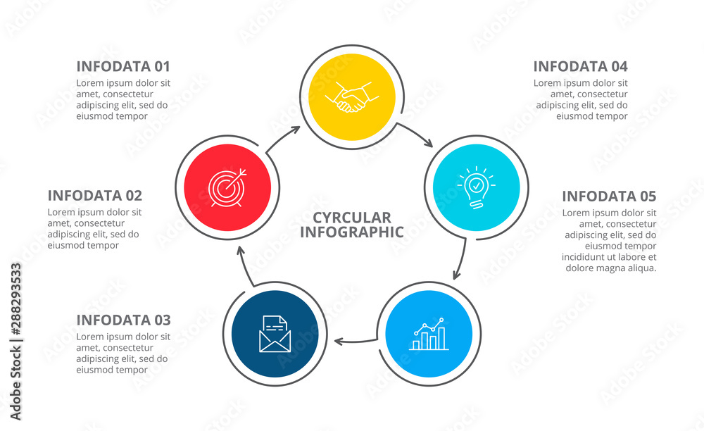 Cyclic diagram infographic with circles. Modern infographic design template with 5 options, steps or parts. Flat vector illustration for business presentation. - obrazy, fototapety, plakaty 