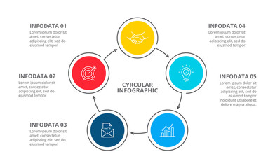 Cyclic diagram infographic with circles. Modern infographic design template with 5 options, steps or parts. Flat vector illustration for business presentation.