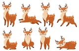 Fototapeta Pokój dzieciecy - Cute cartoon deer. Running reindeer, wildlife fawn and deers child. Xmas reindeer character or wildlife forest deer mammal. Isolated vector illustration icons set