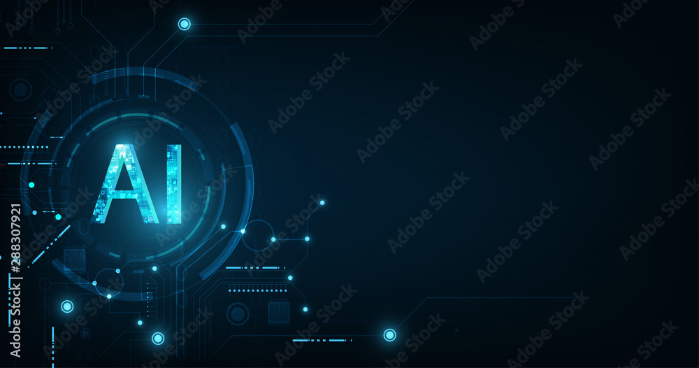 Abstract futuristic digital and technology on dark blue color background. AI(Artificial Intelligence) wording with the circuit design. - obrazy, fototapety, plakaty 