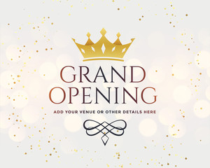 white grand opening banner with golden crown