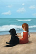 Leinwandbild Motiv Girl sitting on the beach with her dog watching the sea, digital painting