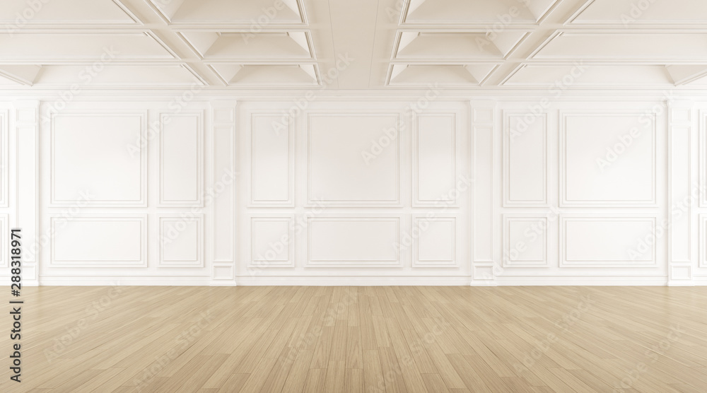 Perspective of the white empty room with wood laminate floor, Classic style of interior design. 3d rendering - obrazy, fototapety, plakaty 