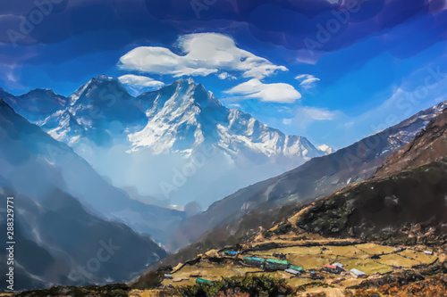 Fototapeta Mount Everest  wspaniale-himalaje-park-narodowy-sagarmatha-w-nepalu-styl-akwareli