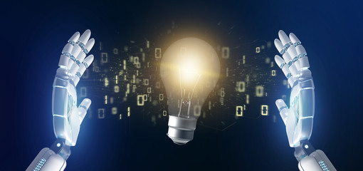 Poster - cyborg hand holding a bulb lamp idea concept with data all around 3d rendering