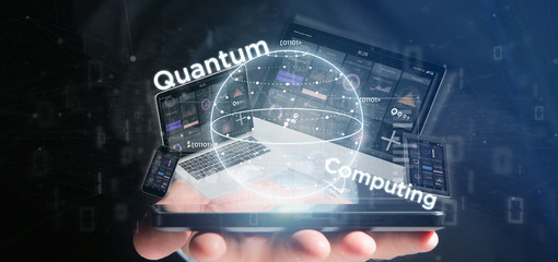 Poster - Businessman holding Quantum computing concept with qubit and devices 3d rendering