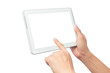 © Touchr - Male hand holding the white tablet pc computer and touching with blank screen isolated on white background with clipping path.