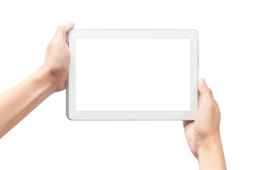Male hand holding the white tablet pc computer with blank screen isolated on white background with clipping path.