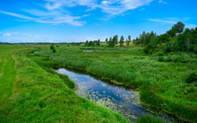 A Narrow Water Canal, River, Stream Going Through A Green Grass Field Landscape Into Bright Summer Clouds. Rural, Countryside Landscape