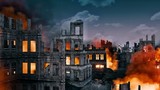 Burning ruins of destroyed after WW2 historical buildings in old abandoned european city at night. With no people 3D illustration on war and destruction theme from my own 3D rendering file.