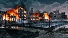 Burning Ruins Of European City Destroyed After The Bombing With Ruined Buildings Along Empty Riverfront At Night. Historical 3D Illustration On War And Destruction Theme From My Own 3D Rendering File.