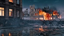 Destroyed After War Abandoned European City With Street Barricade And Burning Building Ruins On A Background At Night. With No People Historical Military 3D Illustration From My Own 3D Rendering File.