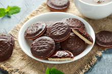 Jaffa Cakes Sweet Cookies With Orange, Chocolate And Coffee