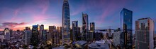 Twilight With A Pink And Blue Sunset Over San Francisco Skyline With Salesforce Tower In The Middle And Salesforce Park At The Bottom