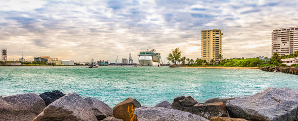 Poster - Panoramic landscape view of Port Everglades, Fort Lauderdale, Florida. Cruise ship leaving the harbor.