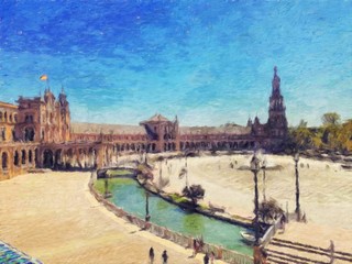 Digital oil painting on canvas old european architecture view. Historical touristic place and buildings. Modern impressionism art. Artistic bush strokes artwork of europe travel. Postcard design print