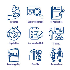 Wall Mural - Hiring Process icon set with Benefits, background check, introductions, etc