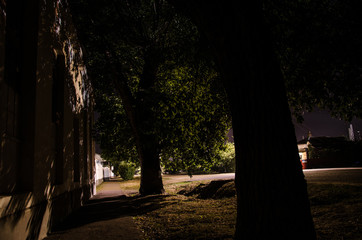 Wall Mural - full moon over quite village at night. beautiful night landscape of old town street with lights. rus