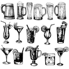 Wall Mural - Set of hand drawn sketch style beer and highball cocktails isolated on white background. Vector illustration.