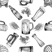 Seamless Pattern Of Hand Drawn Sketch Style Beer Mugs, Bottles, Barrels With Malt And Hops Isolated On White Background. Vector Illustration.