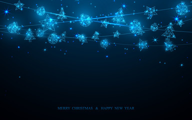 Wall Mural - Merry Christmas and Happy New Year postcard. Christmas decoration technology concept on dark blue background