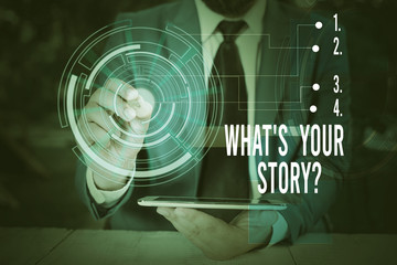 Aufkleber - Writing note showing What S Is Your Storyquestion. Business concept for analysisner of asking demonstrating about past life events Male wear formal suit presenting presentation smart device