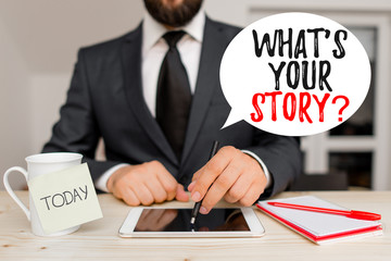 Aufkleber - Writing note showing What S Is Your Story question. Business concept for analysisner of asking demonstrating about past life events