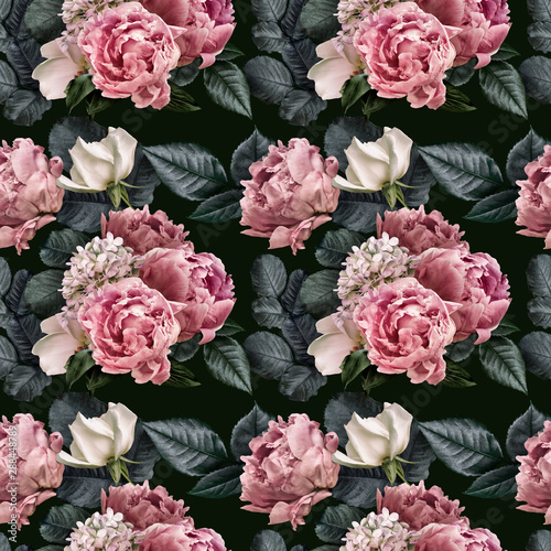 Floral Seamless Pattern With Pink Peonies And Green Leaves White Roses Hydrangea Flowers Isolated On Dark Background Can Be Used For Wallpaper Design Packaging Textile Decorative Print Buy This Stock Photo