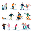Winter sports, lifestyle and activities. Happy people, isolated on white background. Vector flat cartoon illustration
