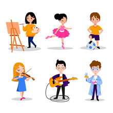 Kids Hobby And Education, Vector Flat Cartoon Illustration. Boys And Girls Leisure Activities In Kindergarten, Preschool