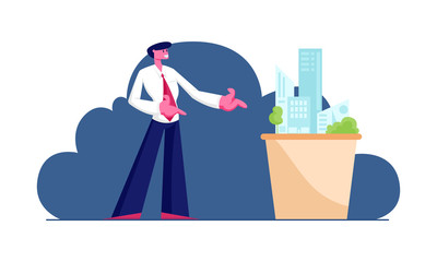Poster - Young Man Architect Engineer Presenting Model of House Mock Up for Customers. Building and Engineering Construction Concept. Metropolis Architecture Design Projection. Cartoon Flat Vector Illustration