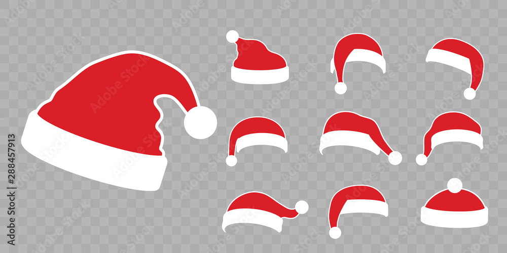 Santa Claus hat flat set. Realistic Santa Claus hat isolated transparent background. Red cap silhouette. Merry Christmas clothes cute cartoon design. New year decoration costume. Vector illustration - obrazy, fototapety, plakaty 