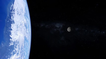 Wall Mural - Earth view from space day light blue ocean and clouds on the left, moon rotating and milky way in background. Contains public domain items by Nasa